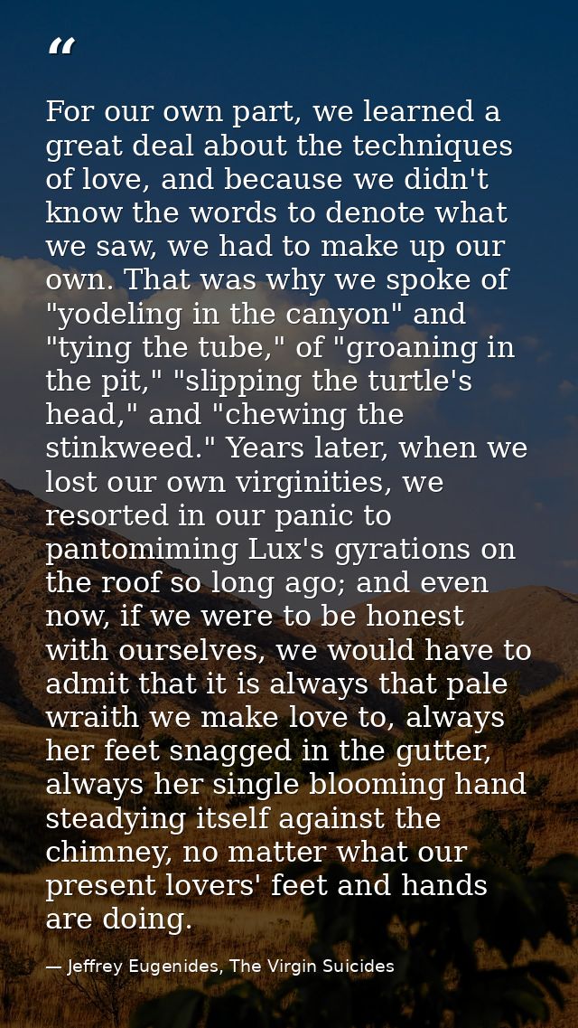 For our own part, we learned a great deal about the techniques of love, and because we didn't know the words to denote w — Jeffrey Eugenides, The Virgin Suicides