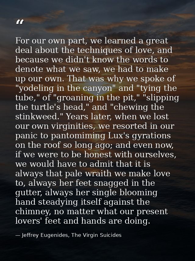For our own part, we learned a great deal about the techniques of love, and because we didn't know the words to denote w — Jeffrey Eugenides, The Virgin Suicides