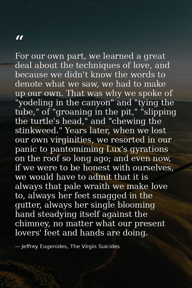 For our own part, we learned a great deal about the techniques of love, and because we didn't know the words to denote w — Jeffrey Eugenides, The Virgin Suicides
