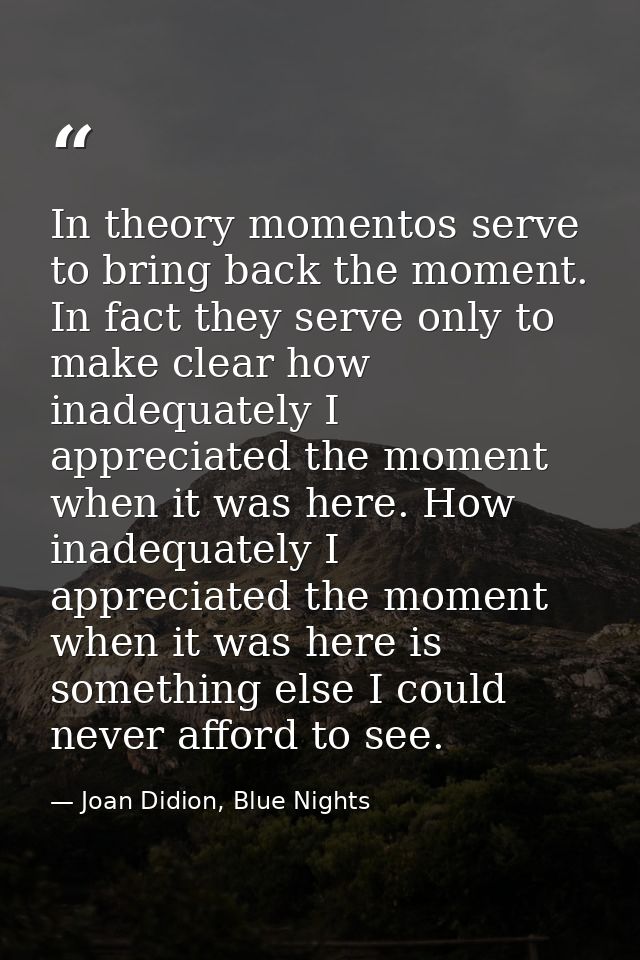 In theory momentos serve to bring back the moment. In fact they serve only to make clear how inadequately I appreciated  — Joan Didion, Blue Nights