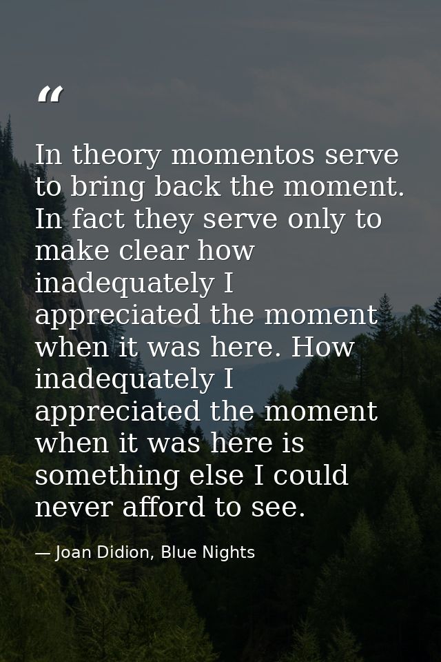 In theory momentos serve to bring back the moment. In fact they serve only to make clear how inadequately I appreciated  — Joan Didion, Blue Nights