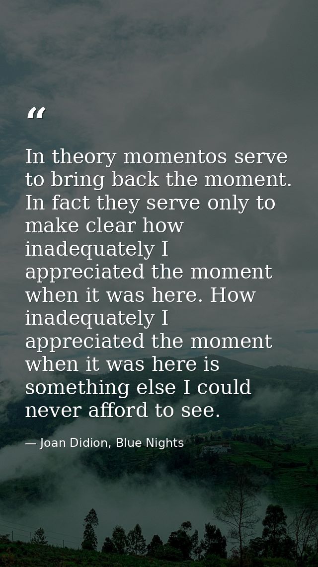 In theory momentos serve to bring back the moment. In fact they serve only to make clear how inadequately I appreciated  — Joan Didion, Blue Nights