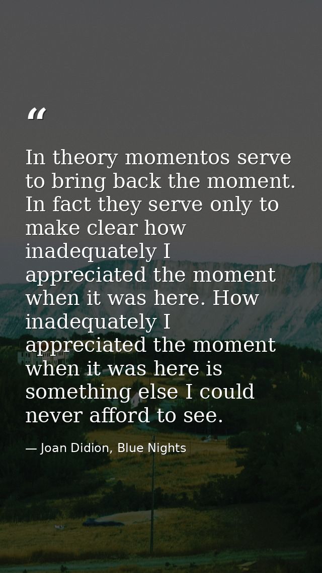 In theory momentos serve to bring back the moment. In fact they serve only to make clear how inadequately I appreciated  — Joan Didion, Blue Nights
