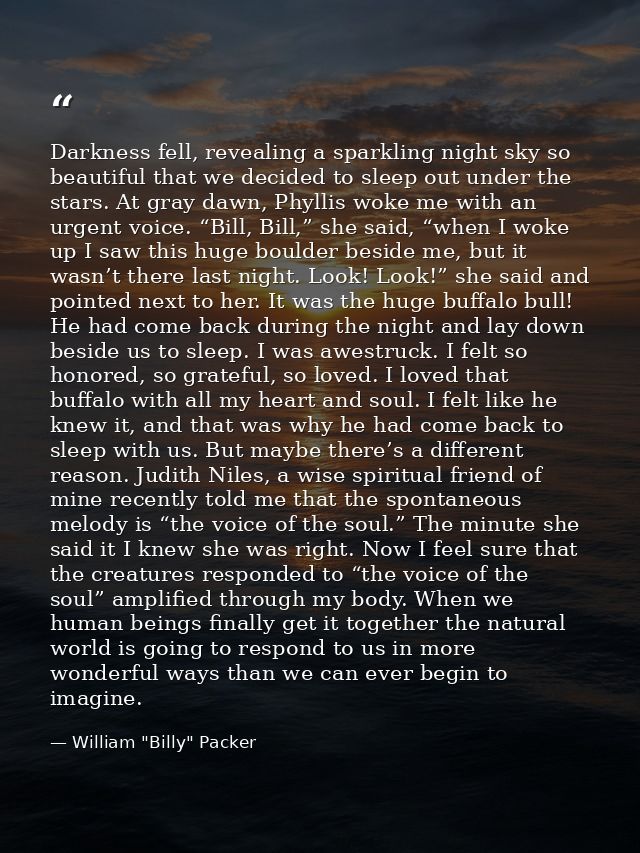 Darkness fell, revealing a sparkling night sky so beautiful that we decided to sleep out under the stars. At gray dawn,  — William "Billy" Packer