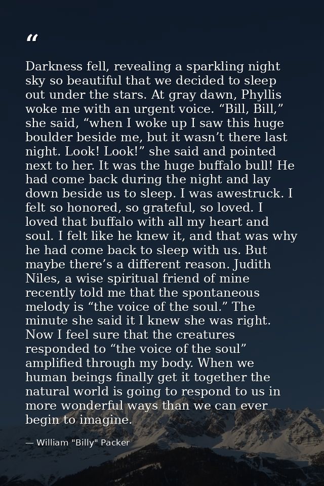 Darkness fell, revealing a sparkling night sky so beautiful that we decided to sleep out under the stars. At gray dawn,  — William "Billy" Packer