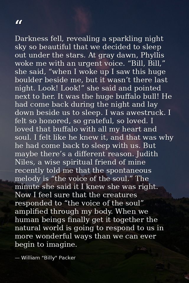 Darkness fell, revealing a sparkling night sky so beautiful that we decided to sleep out under the stars. At gray dawn,  — William "Billy" Packer