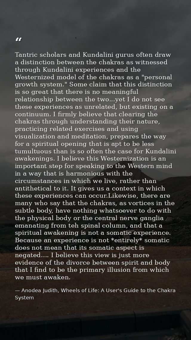 Tantric scholars and Kundalini gurus often draw a distinction between the chakras as witnessed through Kundalini experie — Anodea Judith, Wheels of Life: A User's Guide to the Chakra System