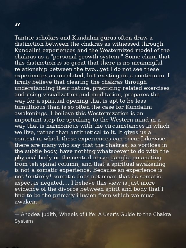 Tantric scholars and Kundalini gurus often draw a distinction between the chakras as witnessed through Kundalini experie — Anodea Judith, Wheels of Life: A User's Guide to the Chakra System