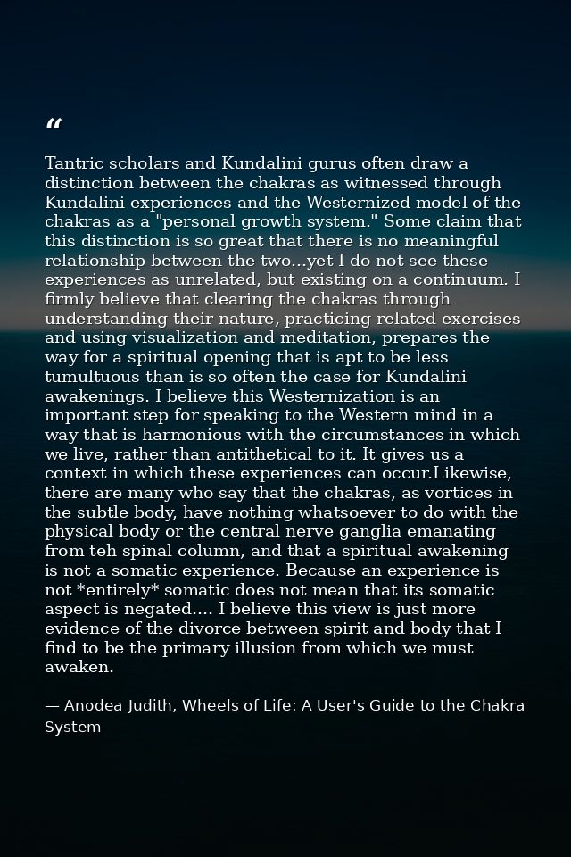 Tantric scholars and Kundalini gurus often draw a distinction between the chakras as witnessed through Kundalini experie — Anodea Judith, Wheels of Life: A User's Guide to the Chakra System