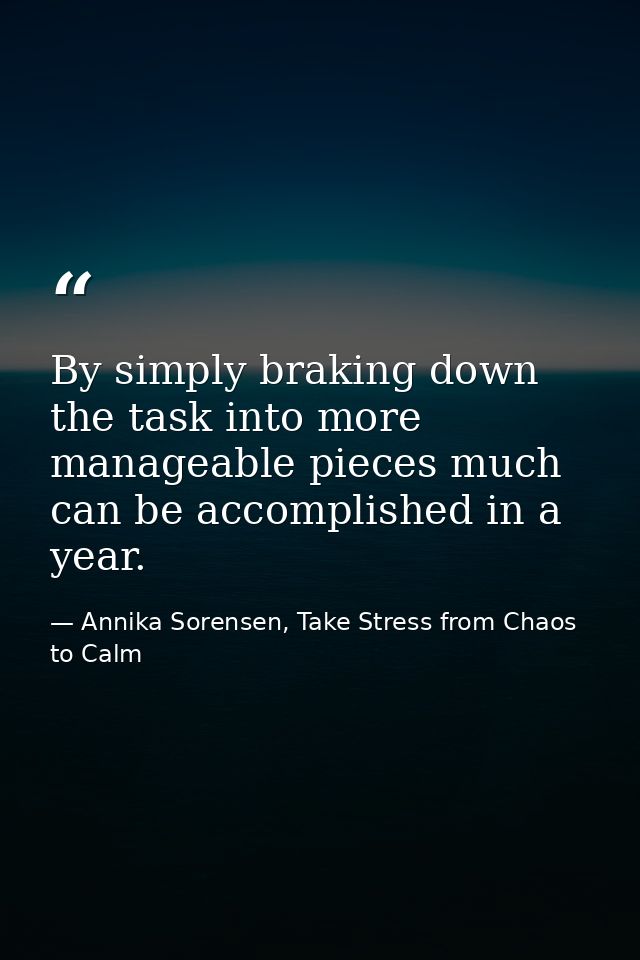 By simply braking down the task into more manageable pieces much can be accomplished in a year. — Annika Sorensen, Take Stress from Chaos to Calm