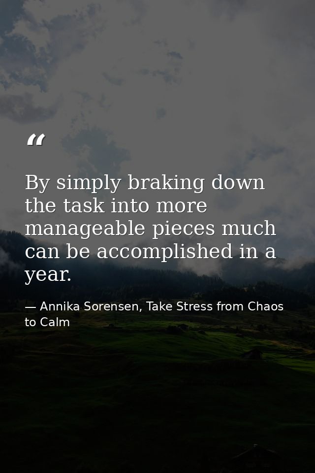 By simply braking down the task into more manageable pieces much can be accomplished in a year. — Annika Sorensen, Take Stress from Chaos to Calm