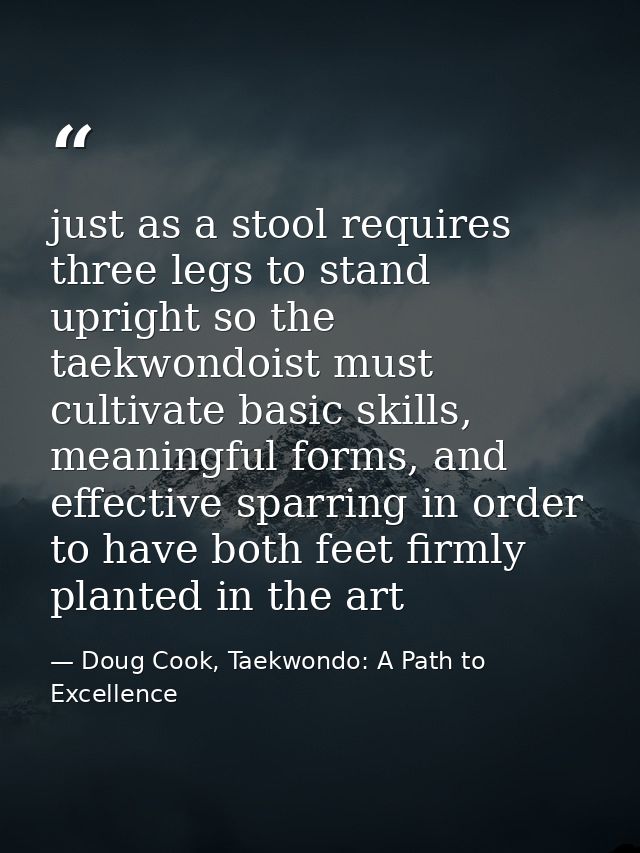 just as a stool requires three legs to stand upright so the taekwondoist must cultivate basic skills, meaningful forms,  — Doug Cook, Taekwondo: A Path to Excellence