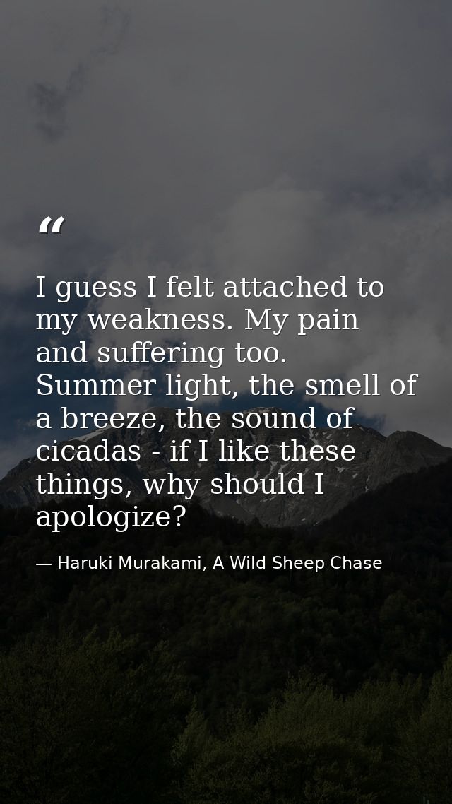 I guess I felt attached to my weakness. My pain and suffering too. Summer light, the smell of a breeze, the sound of cic — Haruki Murakami, A Wild Sheep Chase