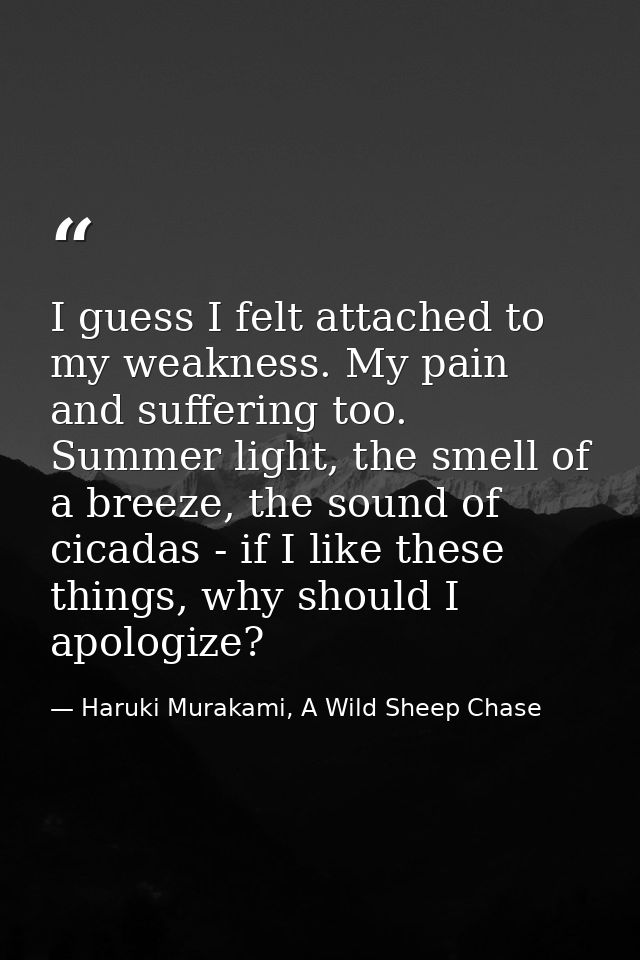 I guess I felt attached to my weakness. My pain and suffering too. Summer light, the smell of a breeze, the sound of cic — Haruki Murakami, A Wild Sheep Chase