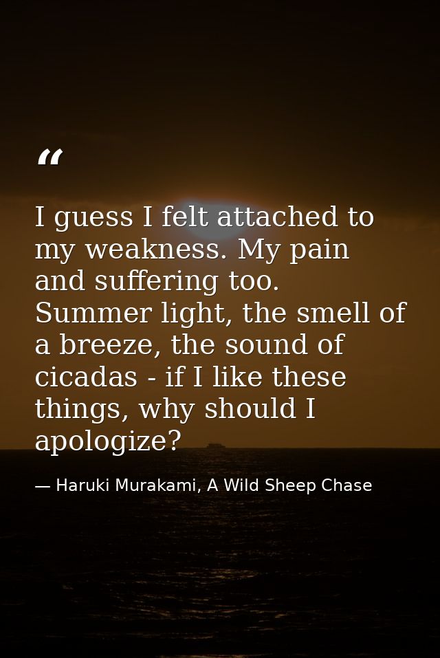 I guess I felt attached to my weakness. My pain and suffering too. Summer light, the smell of a breeze, the sound of cic — Haruki Murakami, A Wild Sheep Chase