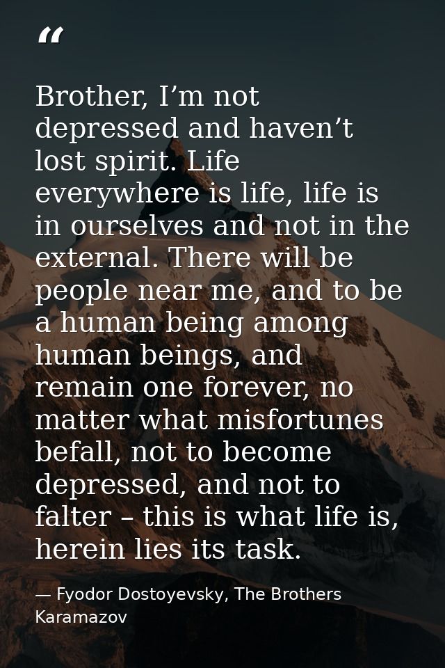 Brother, I’m not depressed and haven’t lost spirit. Life everywhere is life, life is in ourselves and not in the externa — Fyodor Dostoyevsky, The Brothers Karamazov