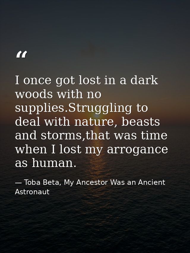 I once got lost in a dark woods with no supplies.Struggling to deal with nature, beasts and storms,that was time when I  — Toba Beta, My Ancestor Was an Ancient Astronaut