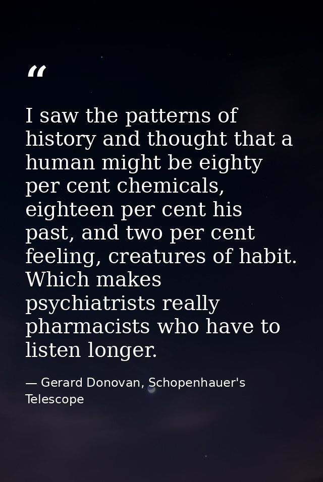 I saw the patterns of history and thought that a human might be eighty per cent chemicals, eighteen per cent his past, a — Gerard Donovan, Schopenhauer's Telescope
