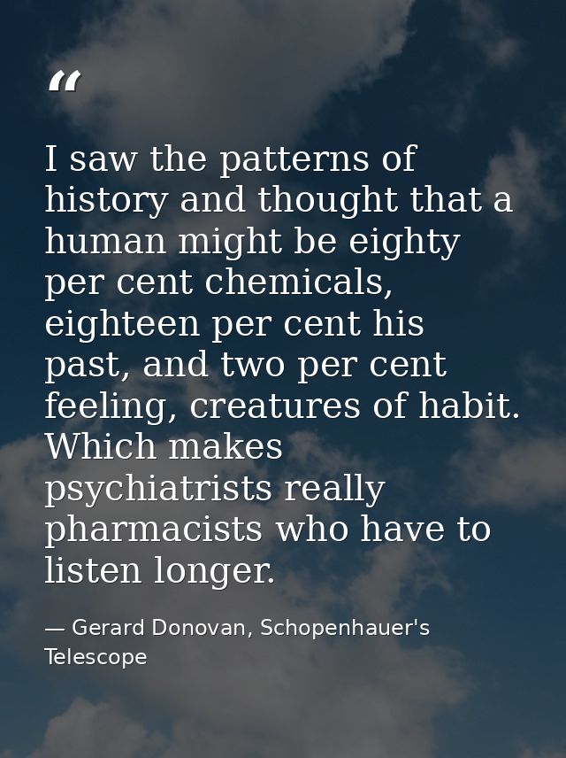 I saw the patterns of history and thought that a human might be eighty per cent chemicals, eighteen per cent his past, a — Gerard Donovan, Schopenhauer's Telescope