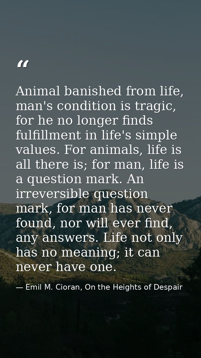 Animal banished from life, man's condition is tragic, for he no longer finds fulfillment in life's simple values. For an — Emil M. Cioran, On the Heights of Despair