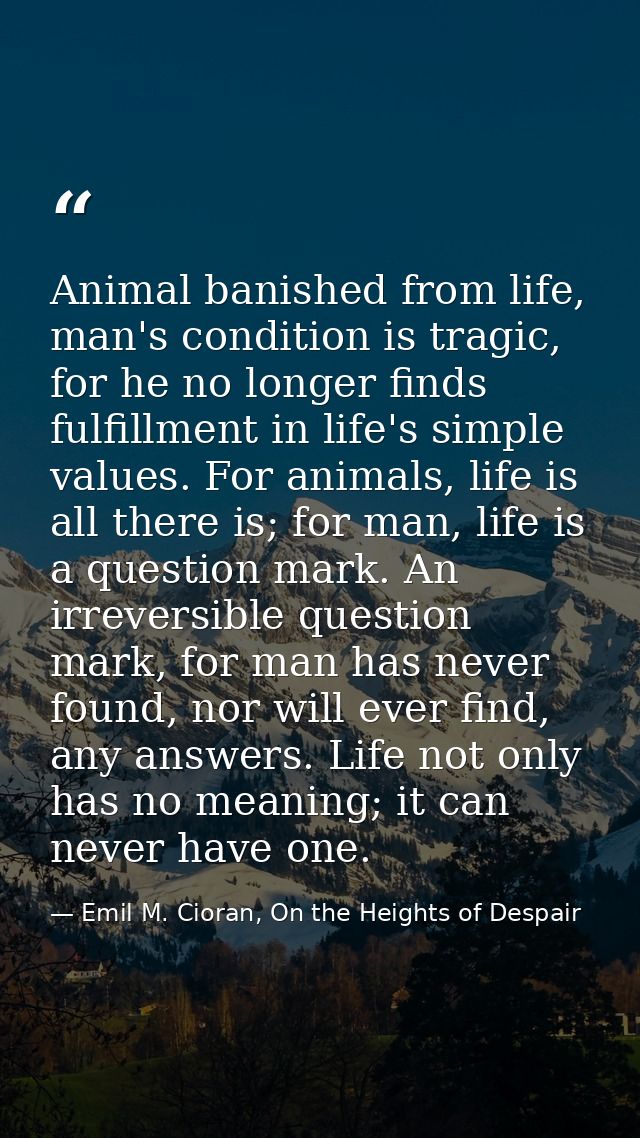 Animal banished from life, man's condition is tragic, for he no longer finds fulfillment in life's simple values. For an — Emil M. Cioran, On the Heights of Despair