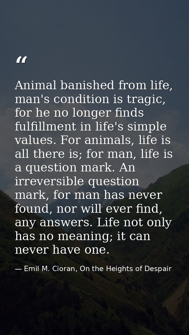 Animal banished from life, man's condition is tragic, for he no longer finds fulfillment in life's simple values. For an — Emil M. Cioran, On the Heights of Despair