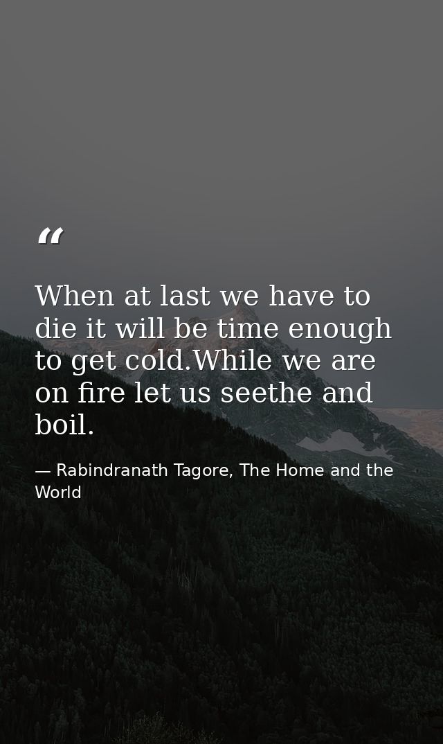 When at last we have to die it will be time enough to get cold.While we are on fire let us seethe and boil. — Rabindranath Tagore, The Home and the World