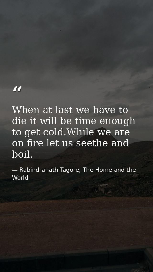 When at last we have to die it will be time enough to get cold.While we are on fire let us seethe and boil. — Rabindranath Tagore, The Home and the World
