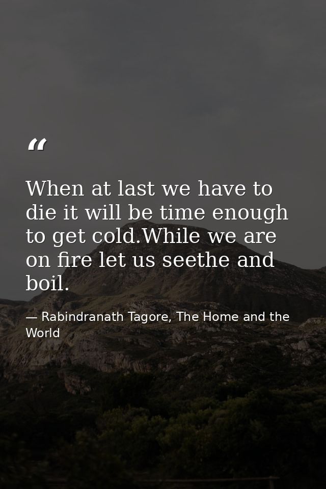 When at last we have to die it will be time enough to get cold.While we are on fire let us seethe and boil. — Rabindranath Tagore, The Home and the World