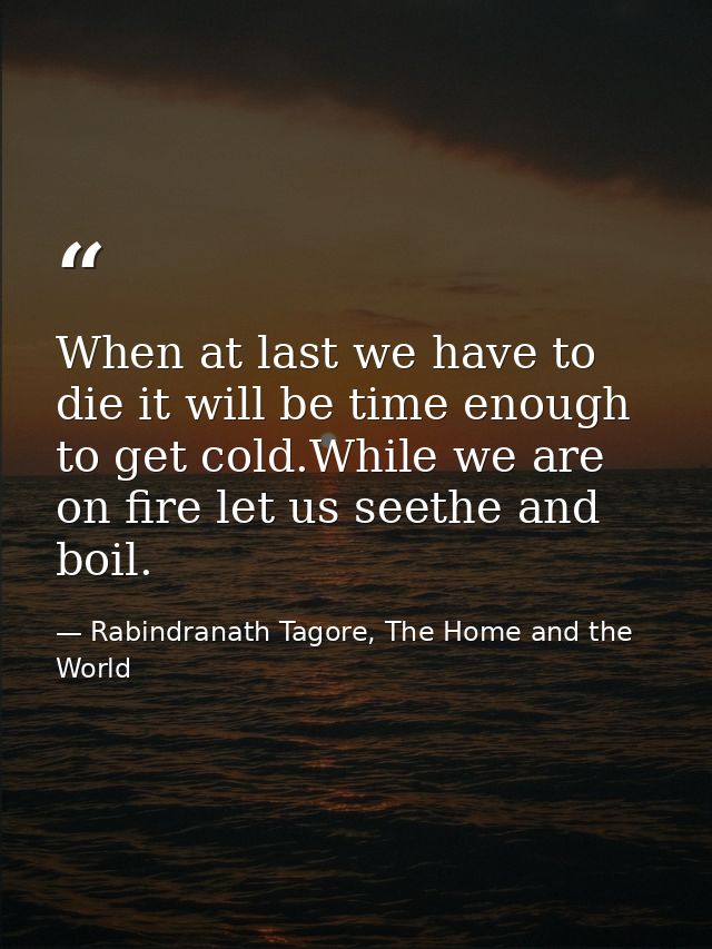 When at last we have to die it will be time enough to get cold.While we are on fire let us seethe and boil. — Rabindranath Tagore, The Home and the World