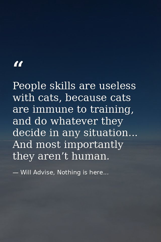 People skills are useless with cats, because cats are immune to training, and do whatever they decide in any situation.. — Will Advise, Nothing is here...