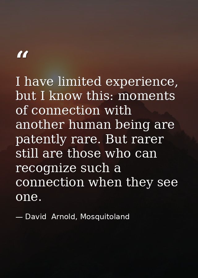 I have limited experience, but I know this: moments of connection with another human being are patently rare. But rarer  — David  Arnold, Mosquitoland