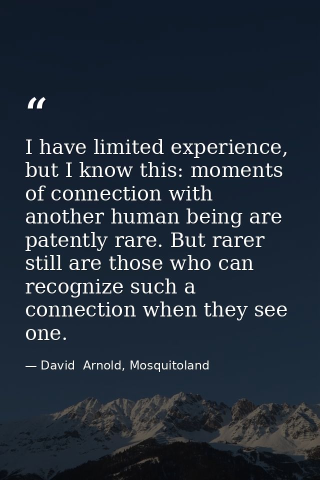 I have limited experience, but I know this: moments of connection with another human being are patently rare. But rarer  — David  Arnold, Mosquitoland