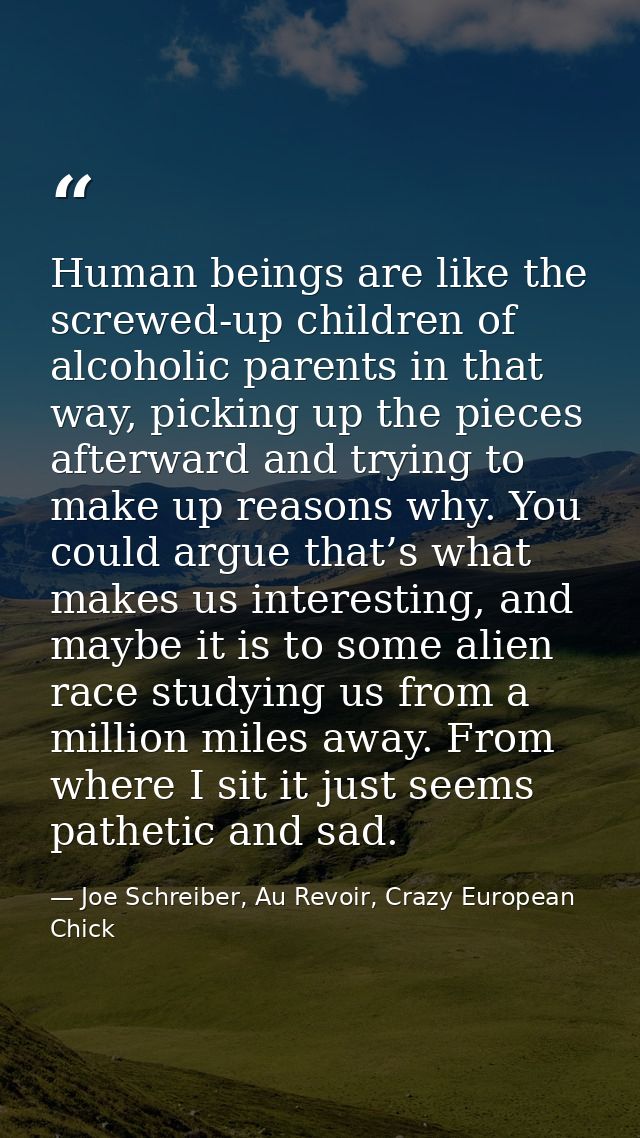 Human beings are like the screwed-up children of alcoholic parents in that way, picking up the pieces afterward and tryi — Joe Schreiber, Au Revoir, Crazy European Chick