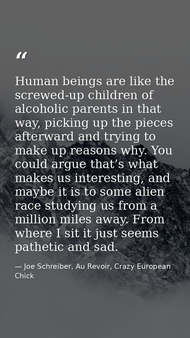 Human beings are like the screwed-up children of alcoholic parents in that way, picking up the pieces afterward and tryi — Joe Schreiber, Au Revoir, Crazy European Chick
