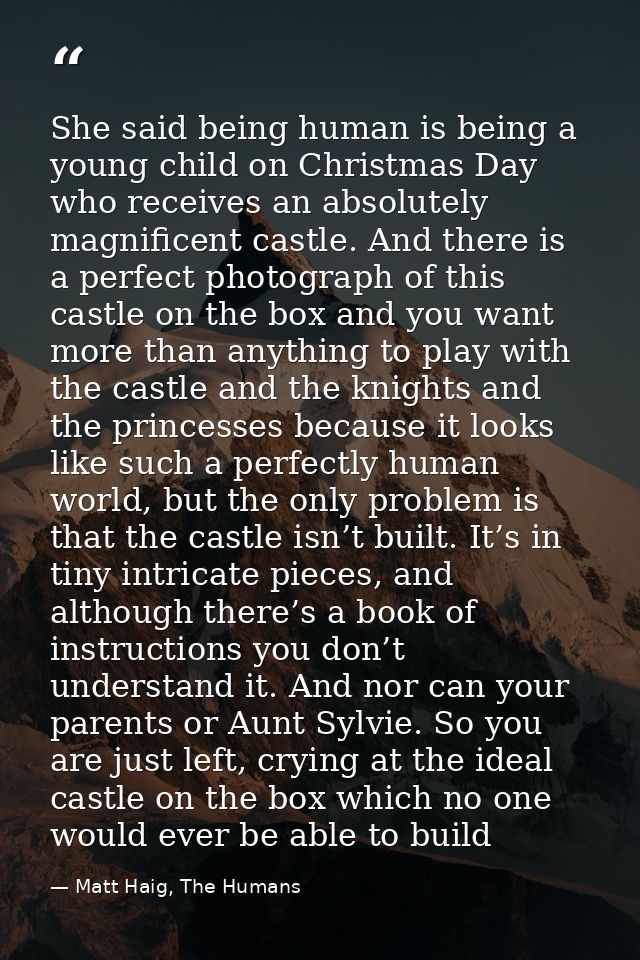 She said being human is being a young child on Christmas Day who receives an absolutely magnificent castle. And there is — Matt Haig, The Humans