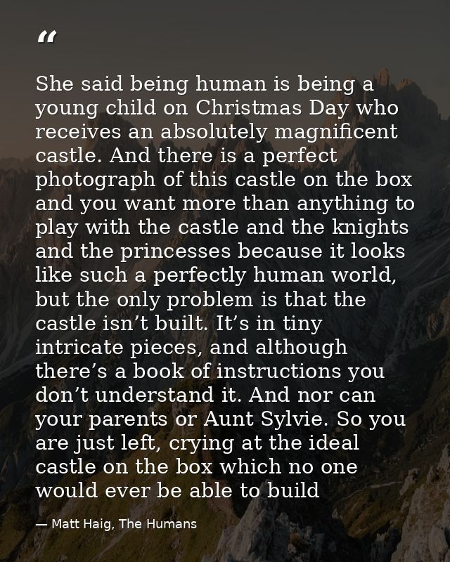 She said being human is being a young child on Christmas Day who receives an absolutely magnificent castle. And there is — Matt Haig, The Humans