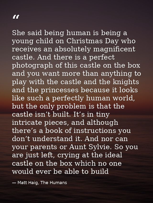 She said being human is being a young child on Christmas Day who receives an absolutely magnificent castle. And there is — Matt Haig, The Humans