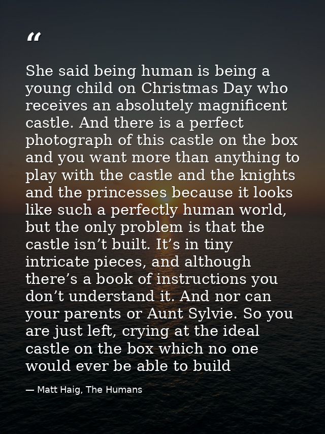 She said being human is being a young child on Christmas Day who receives an absolutely magnificent castle. And there is — Matt Haig, The Humans