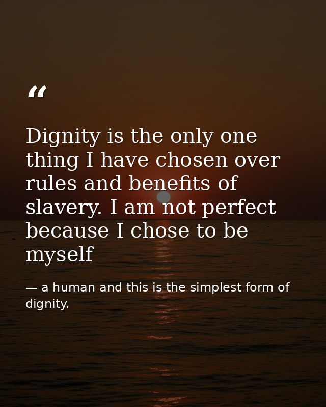 Dignity is the only one thing I have chosen over rules and benefits of slavery. I am not perfect because I chose to be m — a human and this is the simplest form of dignity.