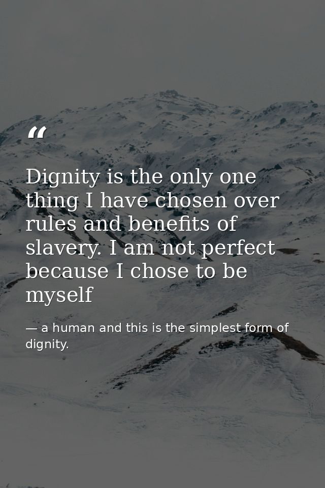 Dignity is the only one thing I have chosen over rules and benefits of slavery. I am not perfect because I chose to be m — a human and this is the simplest form of dignity.