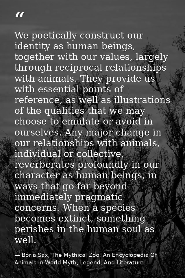 We poetically construct our identity as human beings, together with our values, largely through reciprocal relationships — Boria Sax, The Mythical Zoo: An Encyclopedia Of Animals In World Myth, Legend, And Literature