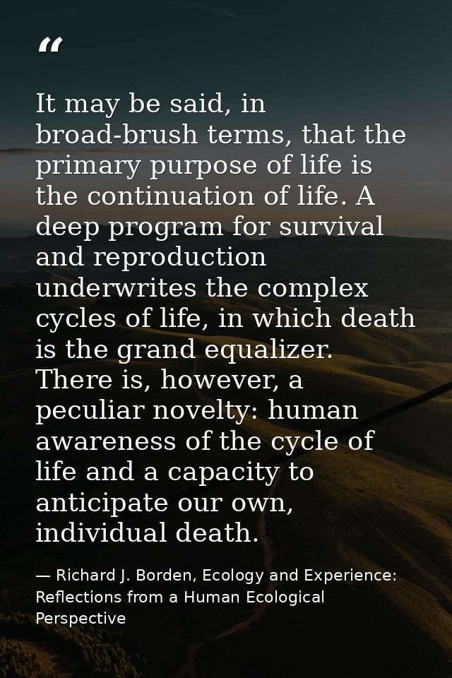 It may be said, in broad-brush terms, that the primary purpose of life is the continuation of life. A deep program for s — Richard J. Borden, Ecology and Experience: Reflections from a Human Ecological Perspective