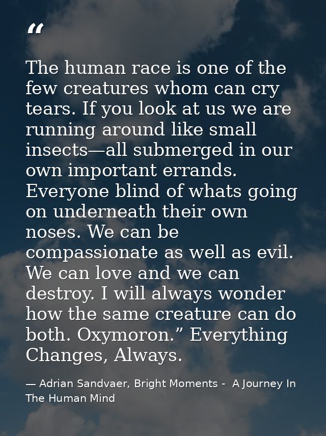 The human race is one of the few creatures whom can cry tears. If you look at us we are running around like small insect — Adrian Sandvaer, Bright Moments -  A Journey In The Human Mind