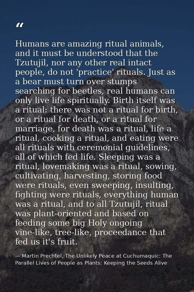Humans are amazing ritual animals, and it must be understood that the Tzutujil, nor any other real intact people, do not — Martin Prechtel, The Unlikely Peace at Cuchumaquic: The Parallel Lives of People as Plants: Keeping the Seeds Alive