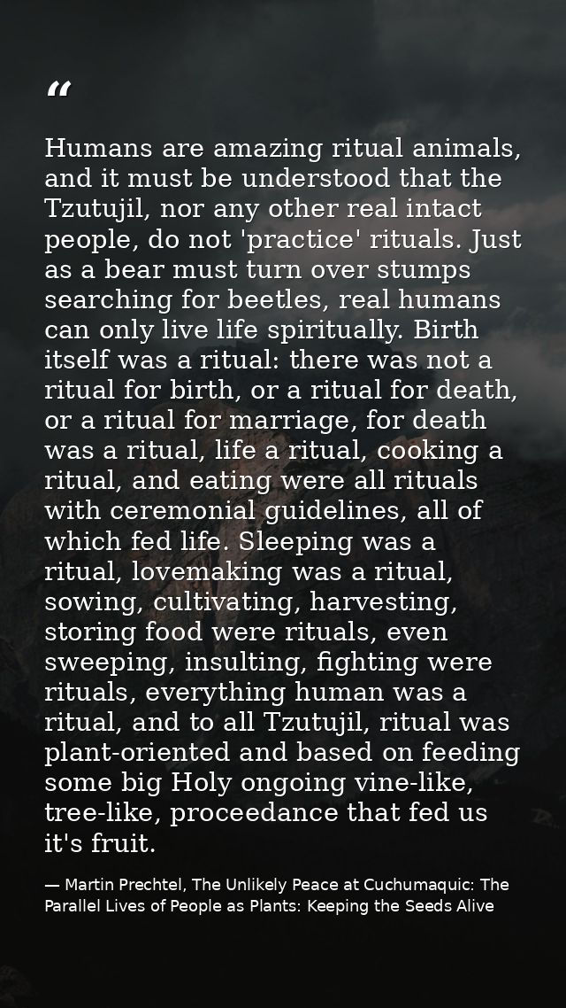 Humans are amazing ritual animals, and it must be understood that the Tzutujil, nor any other real intact people, do not — Martin Prechtel, The Unlikely Peace at Cuchumaquic: The Parallel Lives of People as Plants: Keeping the Seeds Alive