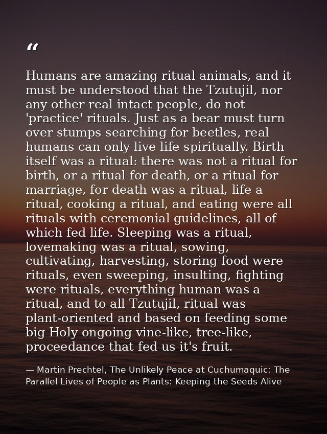 Humans are amazing ritual animals, and it must be understood that the Tzutujil, nor any other real intact people, do not — Martin Prechtel, The Unlikely Peace at Cuchumaquic: The Parallel Lives of People as Plants: Keeping the Seeds Alive