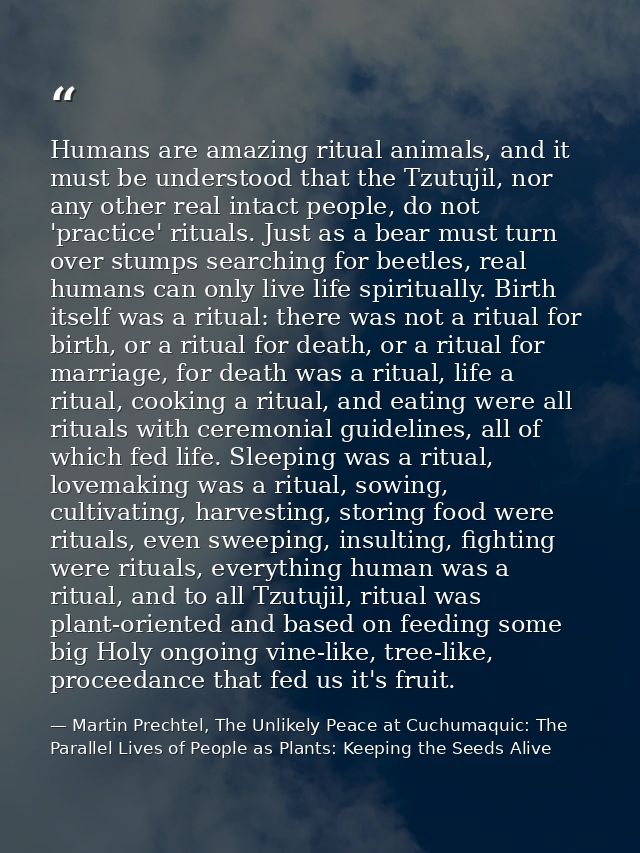 Humans are amazing ritual animals, and it must be understood that the Tzutujil, nor any other real intact people, do not — Martin Prechtel, The Unlikely Peace at Cuchumaquic: The Parallel Lives of People as Plants: Keeping the Seeds Alive