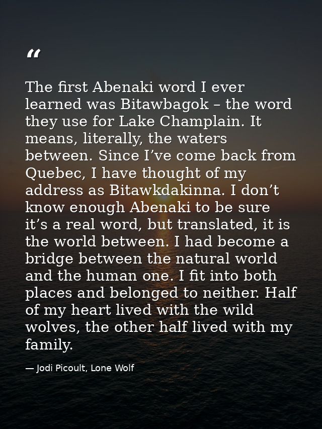 The first Abenaki word I ever learned was Bitawbagok – the word they use for Lake Champlain. It means, literally, the wa — Jodi Picoult, Lone Wolf