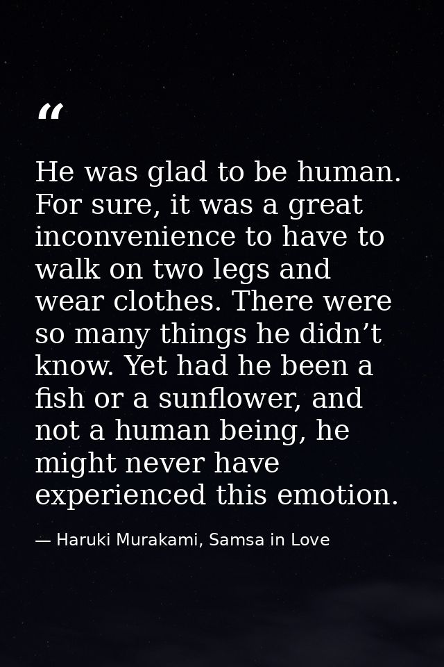 He was glad to be human. For sure, it was a great inconvenience to have to walk on two legs and wear clothes. There were — Haruki Murakami, Samsa in Love